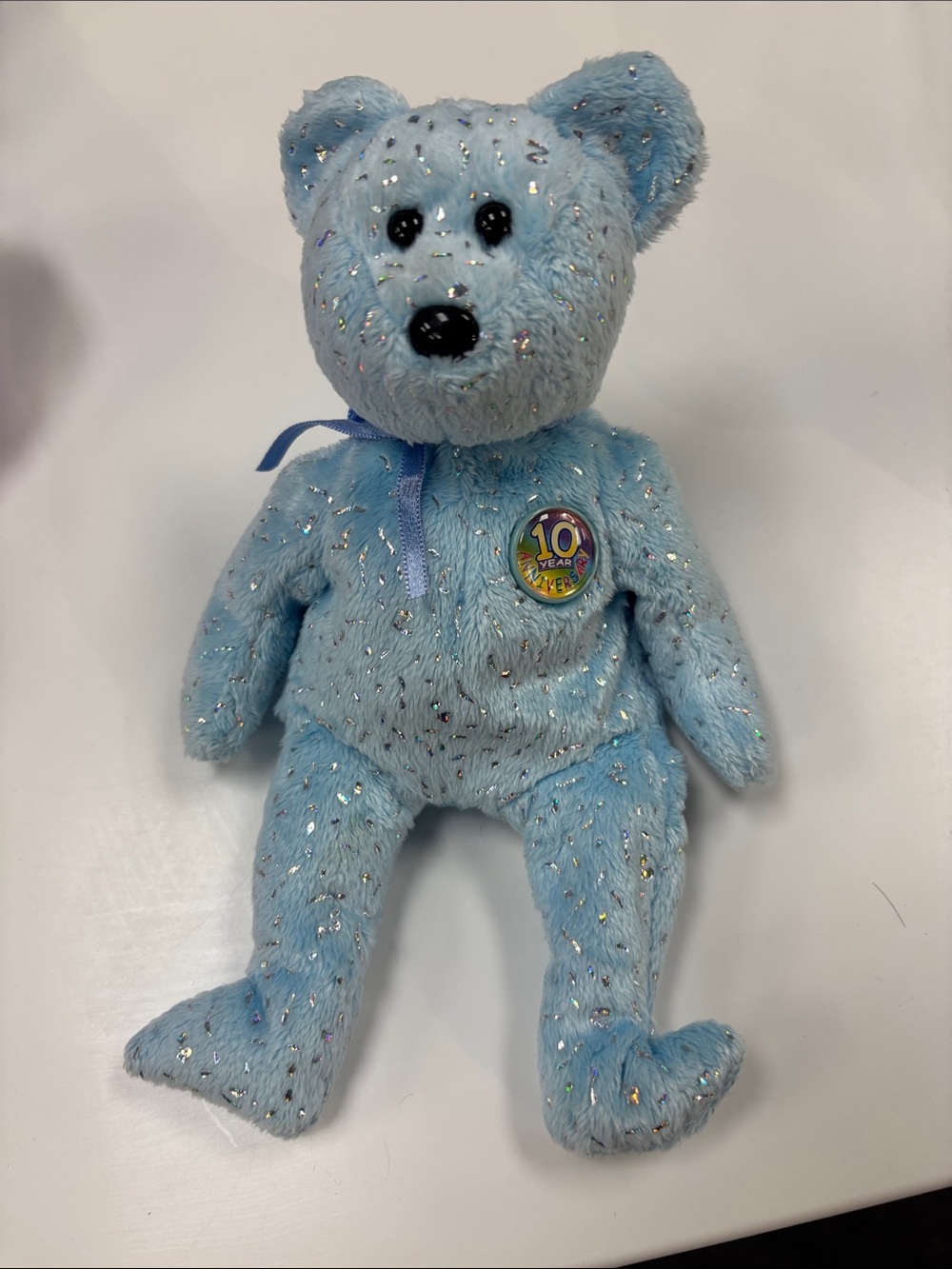 RARE Ty Blue Sparkle 10th Anniversary Teddy Bear Plush